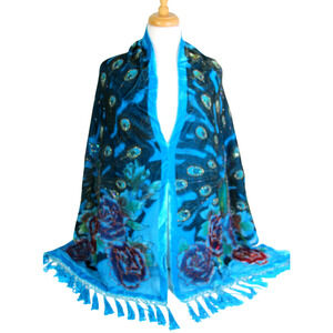 19"x70" Vintage Rose BLUE 100% SILK BURNOUT PEACOCK FRINGE SHAWL WRAP SCARF (t8